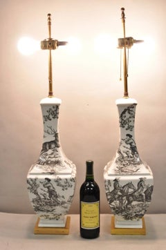Porcelaine de Paris French Country Toile Porcelain Jardinierie Table Lamps Pair