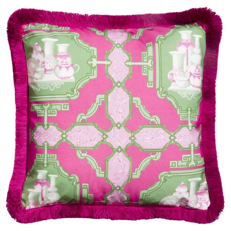 Porcelenas Multicolored Bright Pink and Green Vase Cotton Fabric Cushion/Pillow For Sale