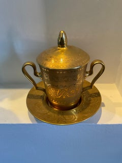 LIMOGES porcelain - container with 2 handles, lid and plate , gold glaze