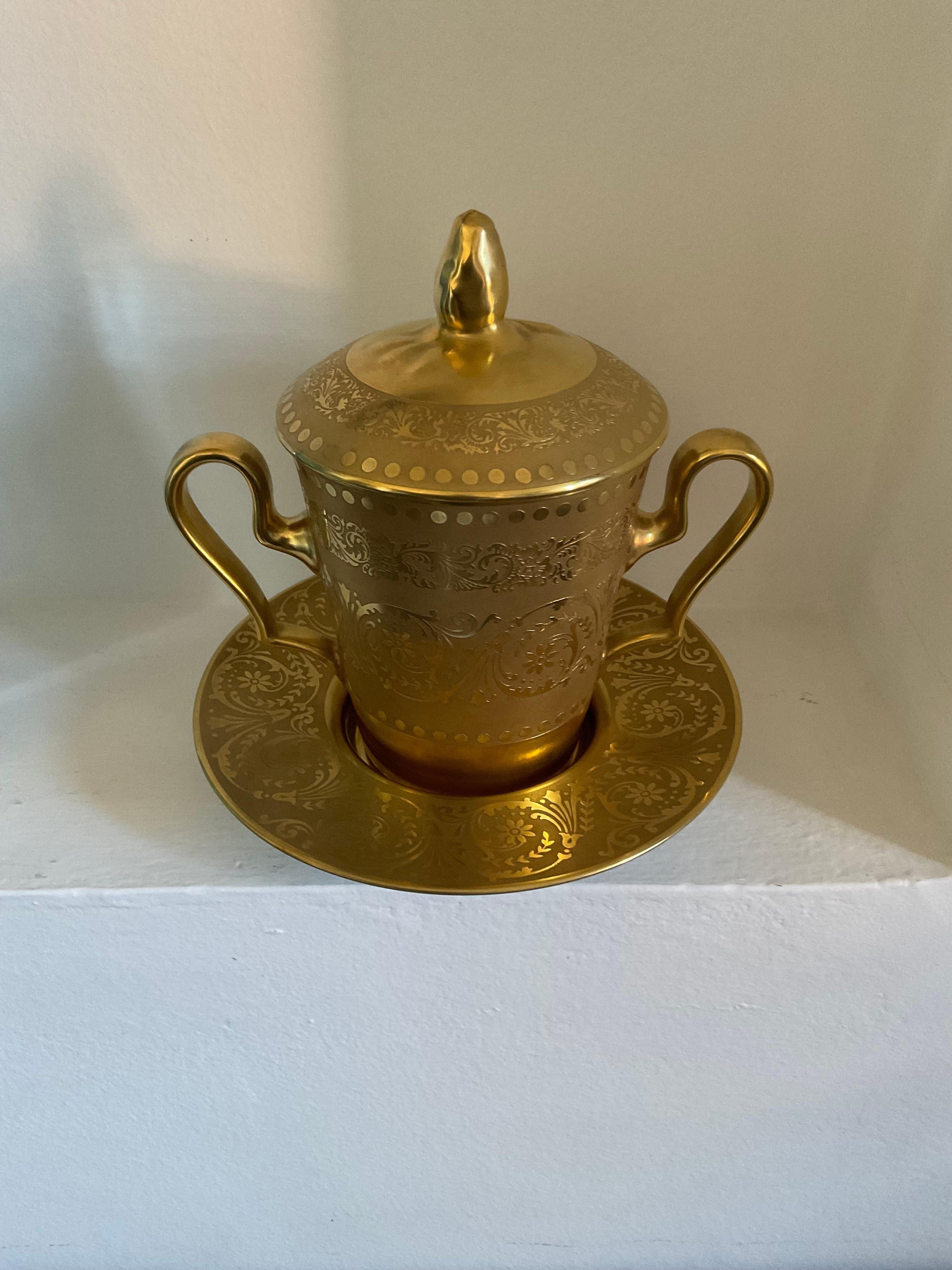 French LIMOGES porcelain - container with 2 handles, lid and plate , gold glaze  For Sale