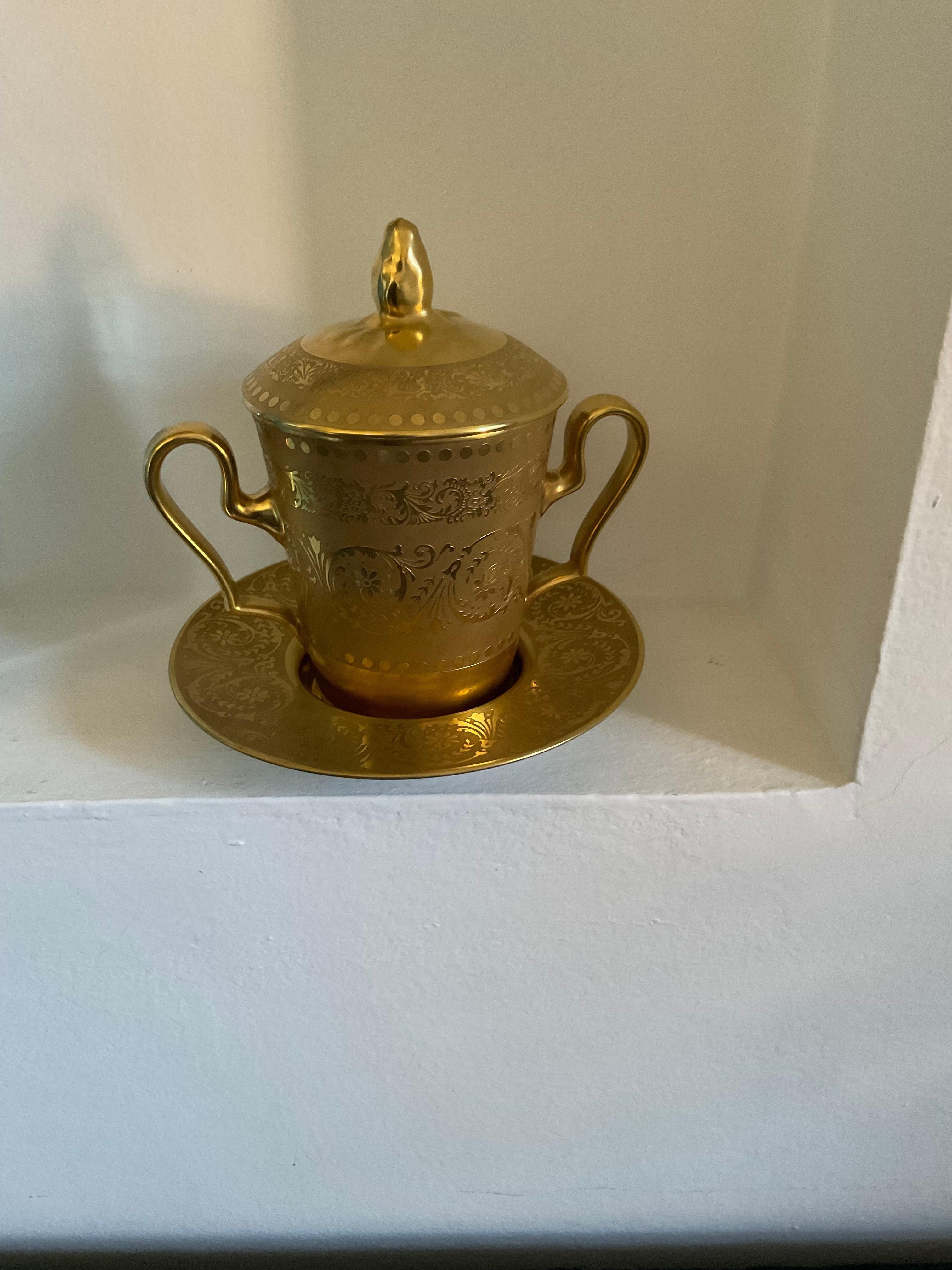 Gilt LIMOGES porcelain - container with 2 handles, lid and plate , gold glaze  For Sale