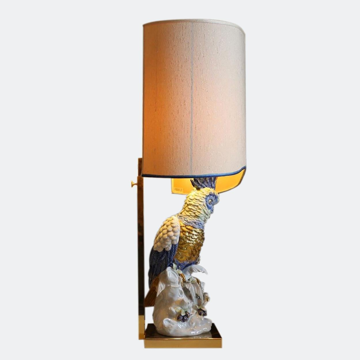 Italian Porcellane Artistiche Firence Italy Porcelain Cockatoo Lamp with Shade, 1970 For Sale