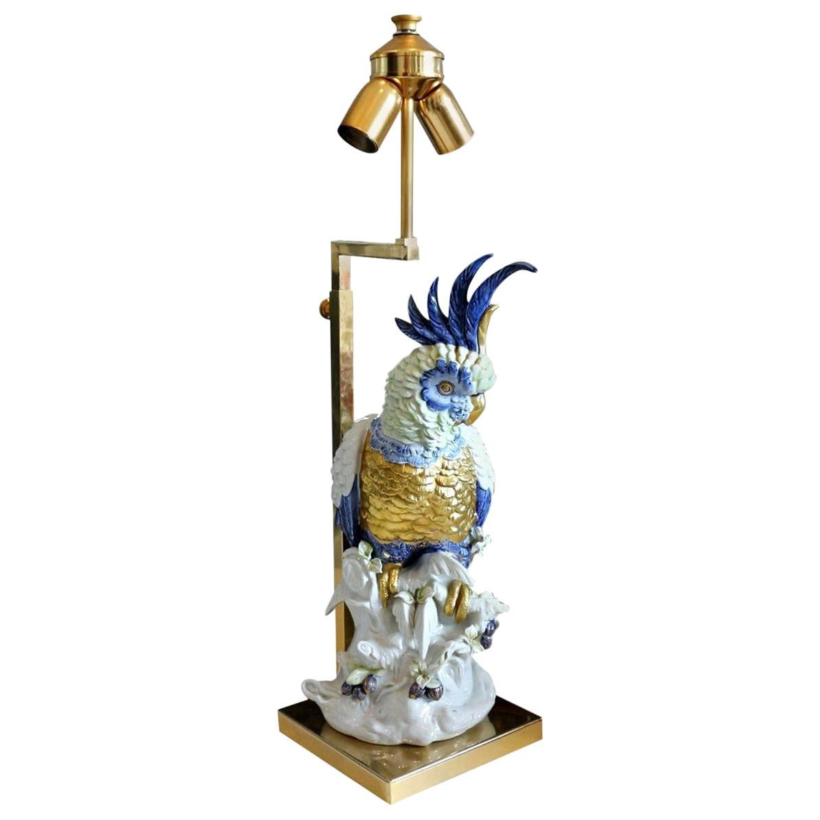 Porcellane Artistiche Firence Italy Porcelain Cockatoo Lamp with Shade, 1970 For Sale
