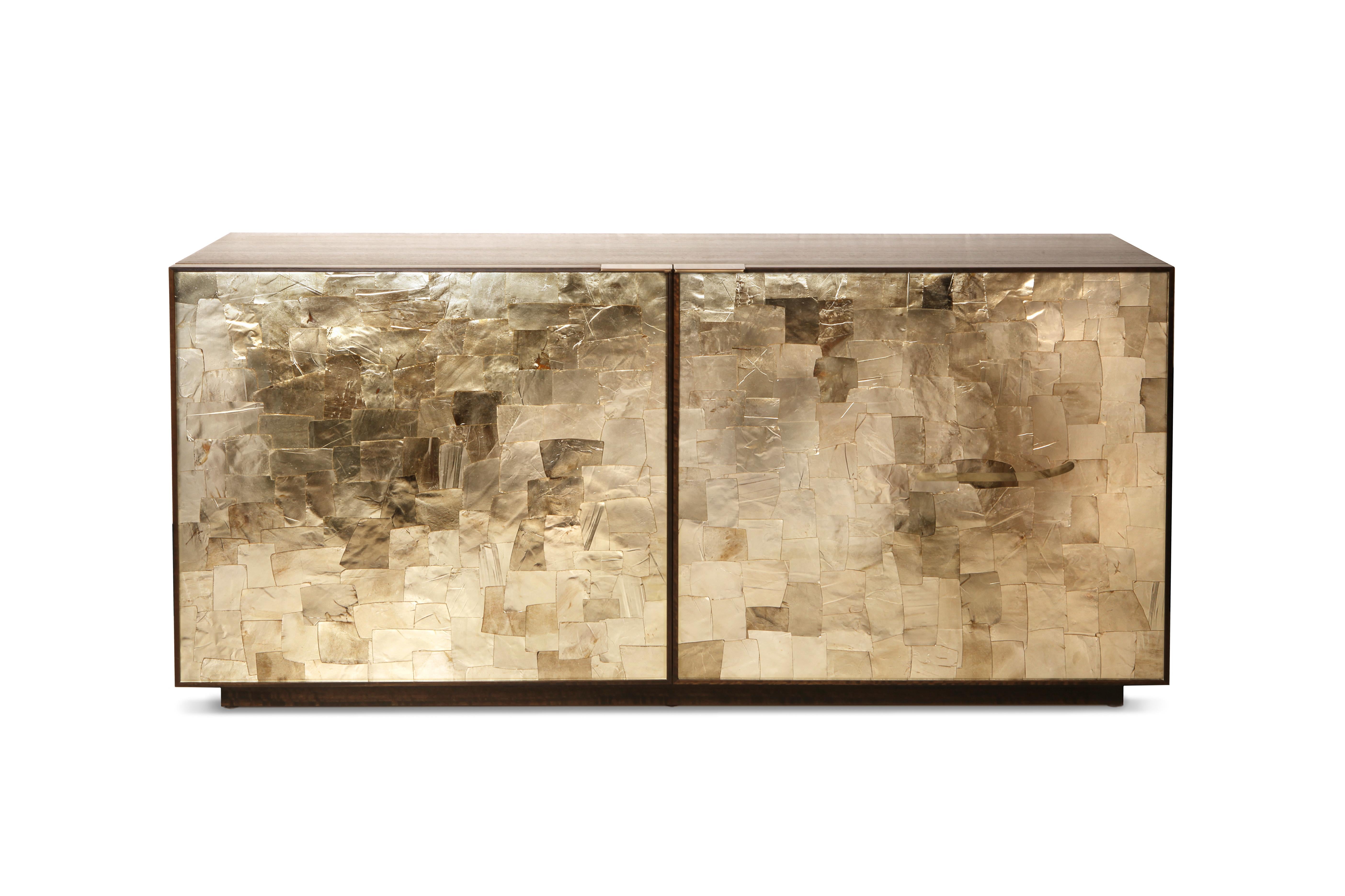 Contemporary Porchester Sideboard, Smoked Eucalyptus Handcrafted Cabinet with Mica Inlay For Sale