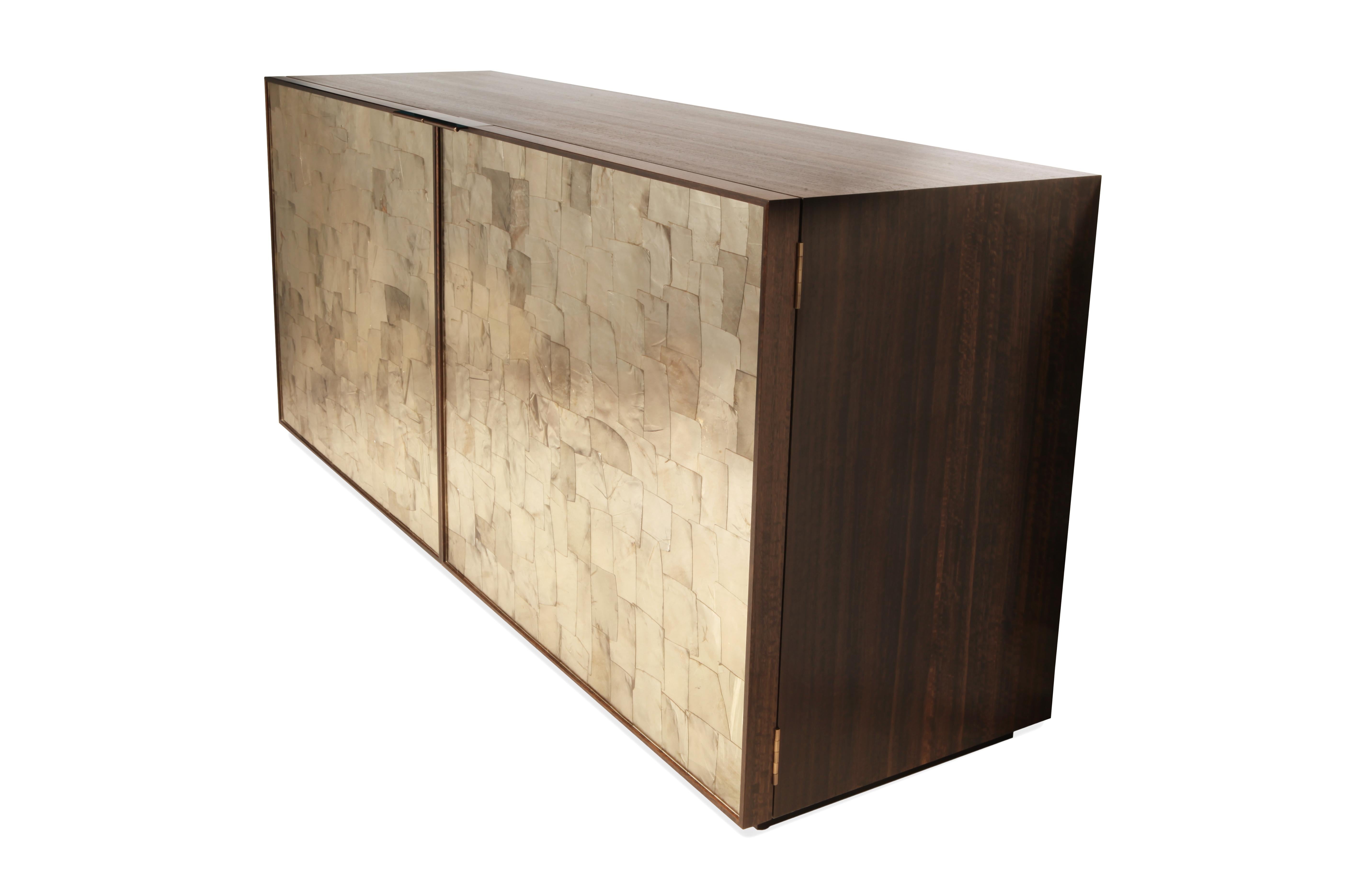 Porchester Sideboard, Smoked Eucalyptus Handcrafted Cabinet with Mica Inlay For Sale 1