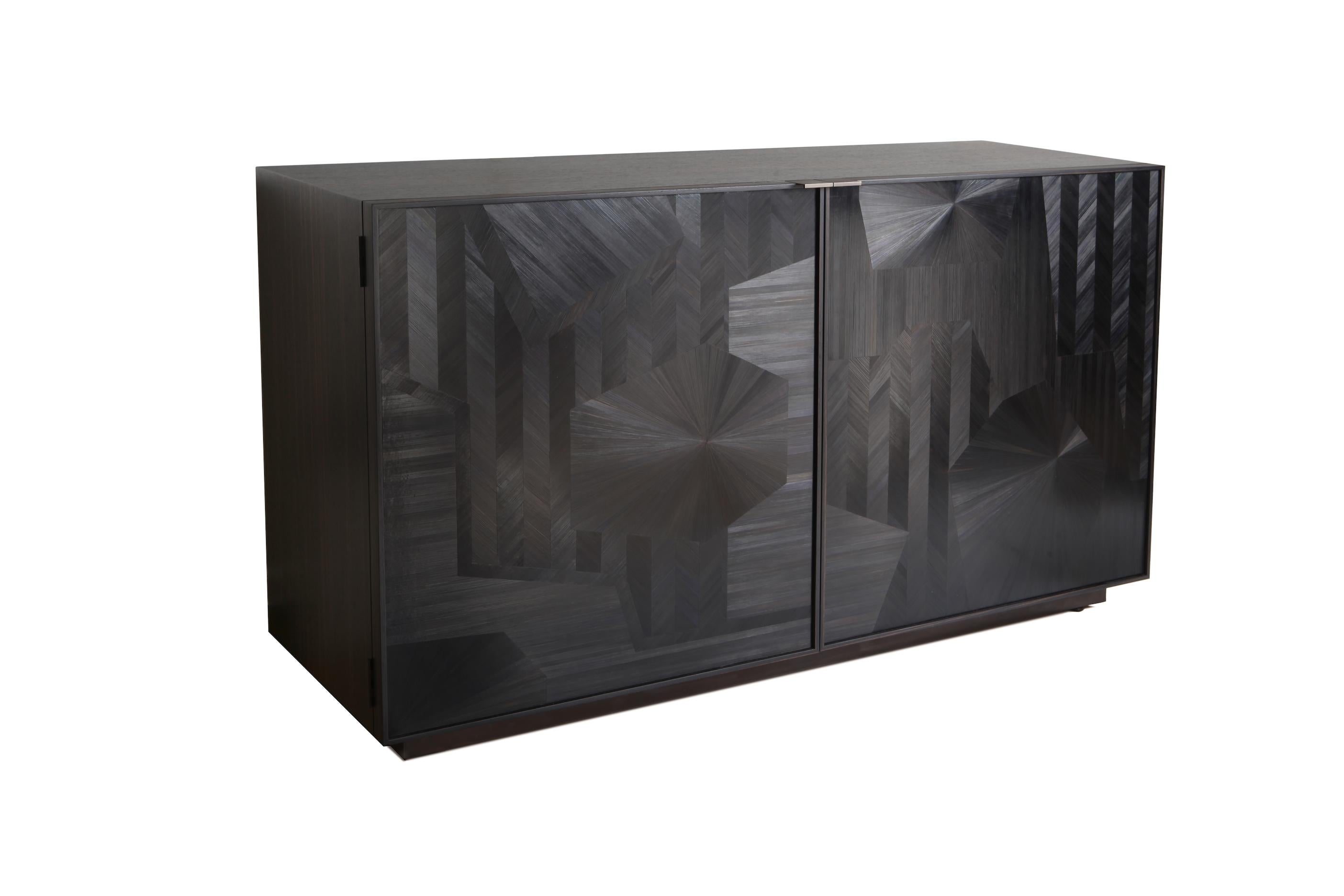 Contemporary Bass Credenza Sideboard with Straw Marquetry Inlay and Patinated Brass Plinth For Sale
