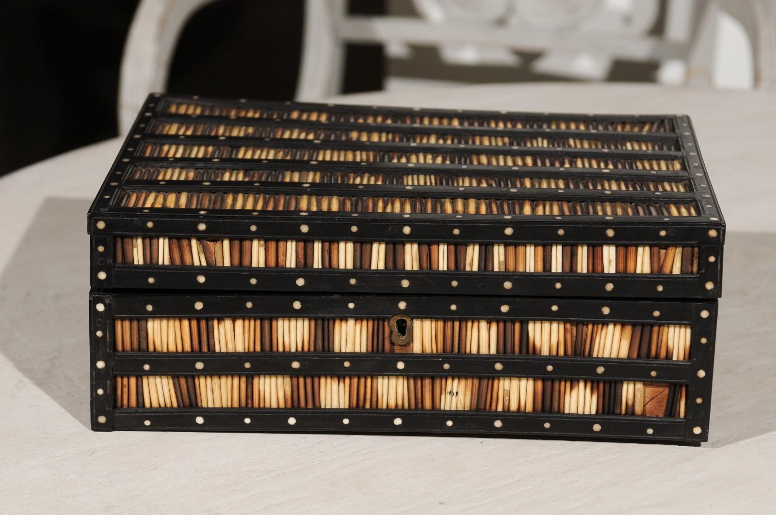 Sri Lankan Porcupine Quill and Ebonized Wood Spice Box with Inlay and Lidded Compartments