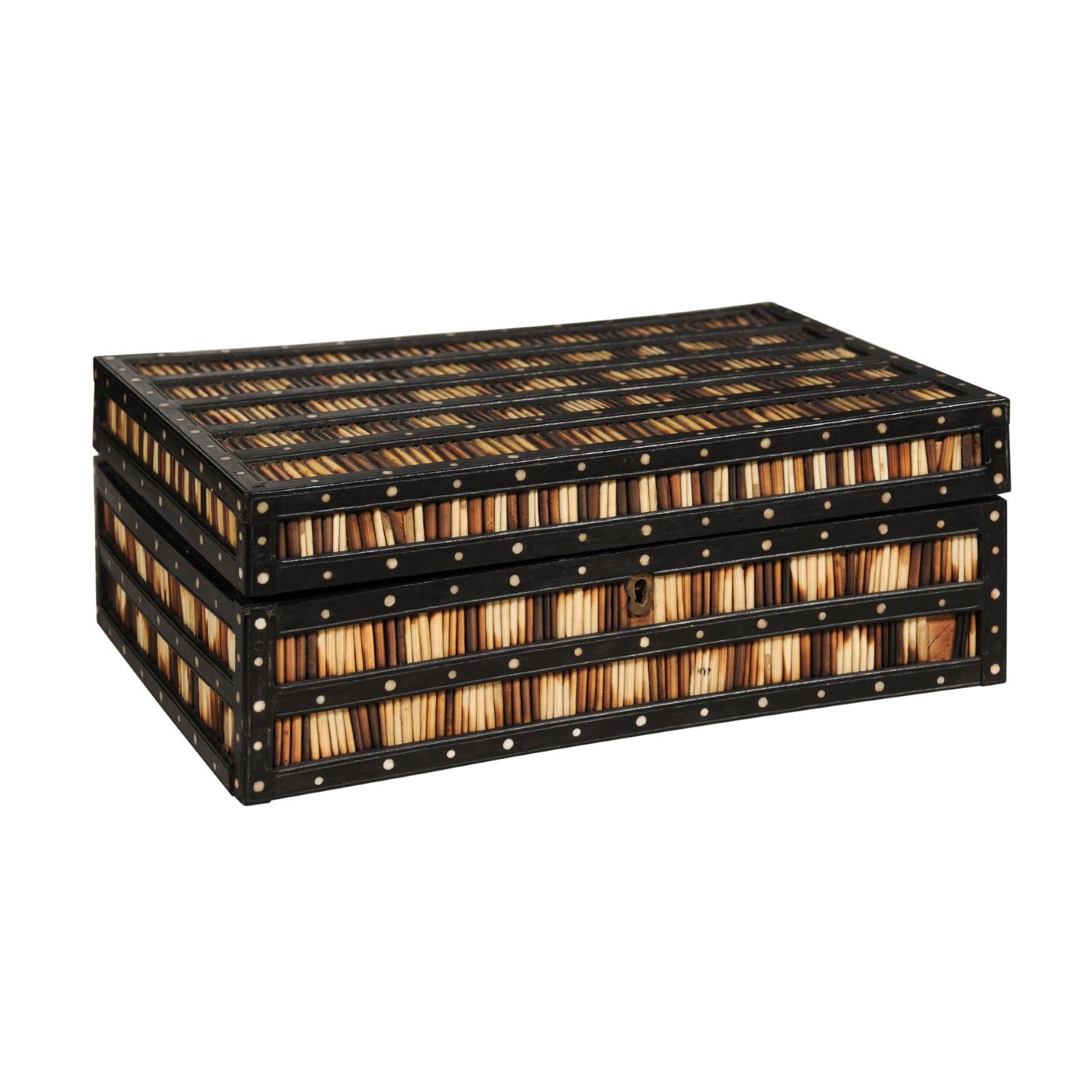 Porcupine Quill and Ebonized Wood Spice Box with Inlay and Lidded Compartments