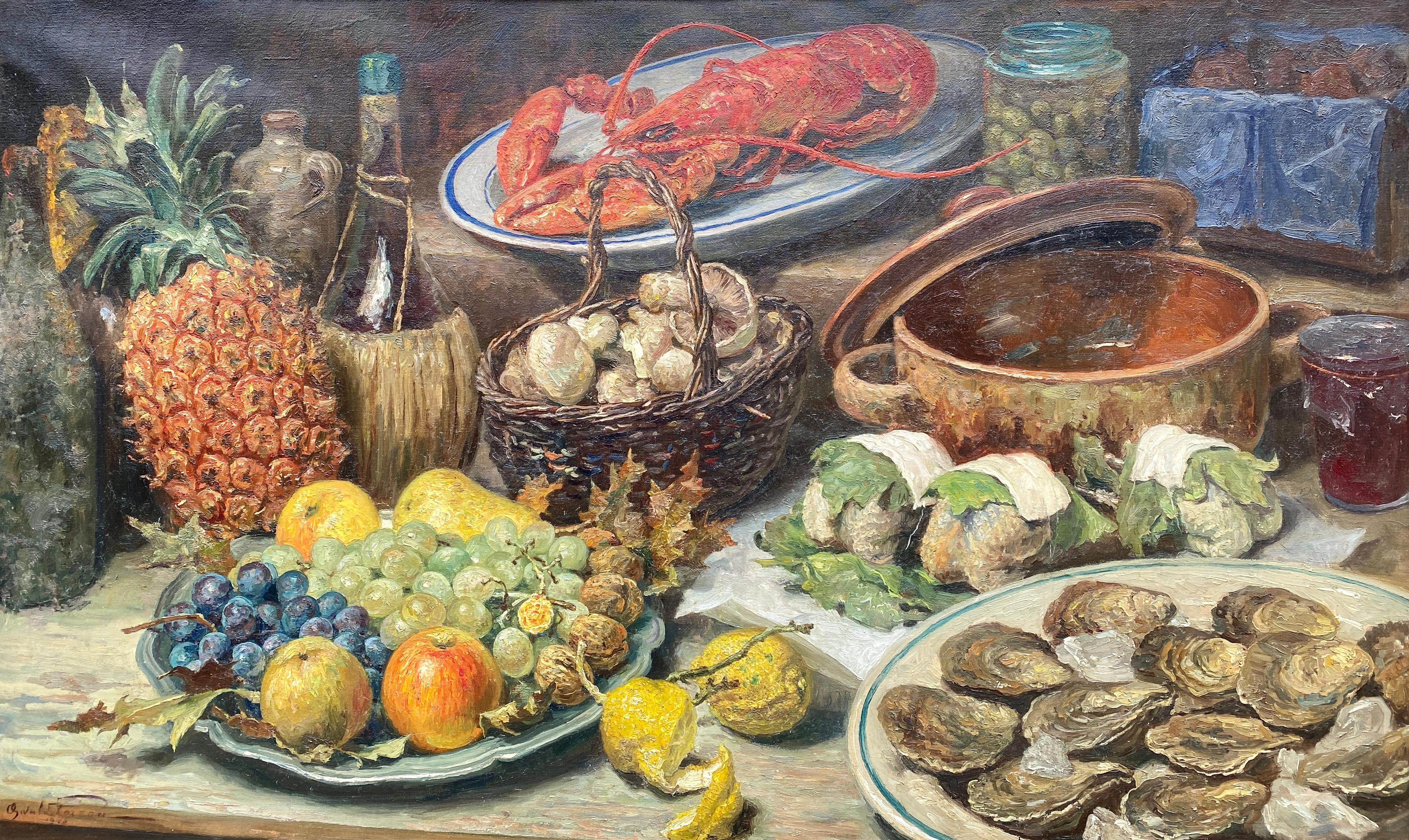 Un repas délicieux, Oswald Poreau, Schaerbeek 1877 - 1955 Waterloo - Painting de Poreau Oswald
