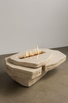 Porēto Fire Table in Puebla Travertine Stone & Stainless Steel by Andres Monnier
