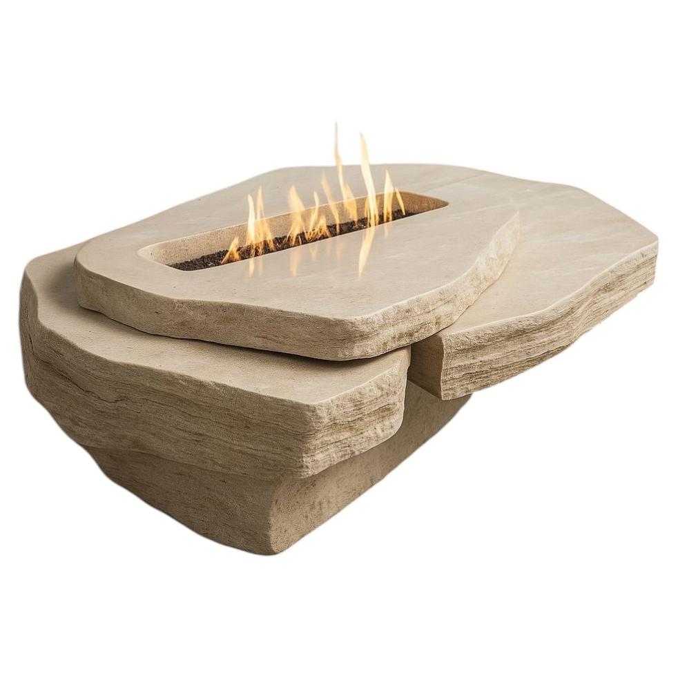Table à feu Porēto en pierre travertin de Puebla et acier inoxydable par Andre Monnier