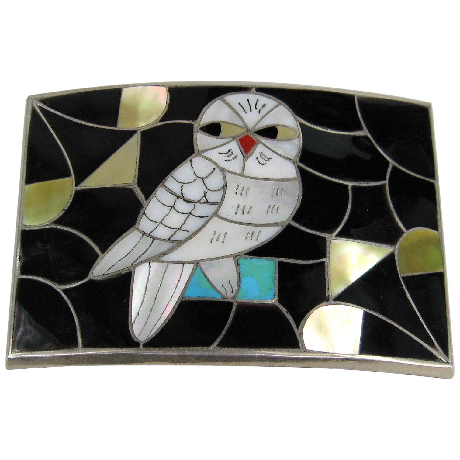 PORFILIO & ANN SHEYKA Native American Owl Zuni INLAY Sterling Silver Belt Buckle For Sale
