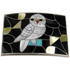 PORFILIO & ANN SHEYKA Boucle de ceinture hibou amérindien Zuni INLAY en argent sterling