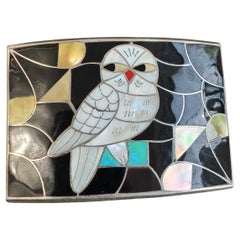 owl belt buckle PORFILIO & ANN SHEYKA Native American Owl Zuni INLAY Sterling Silver Belt Buckle