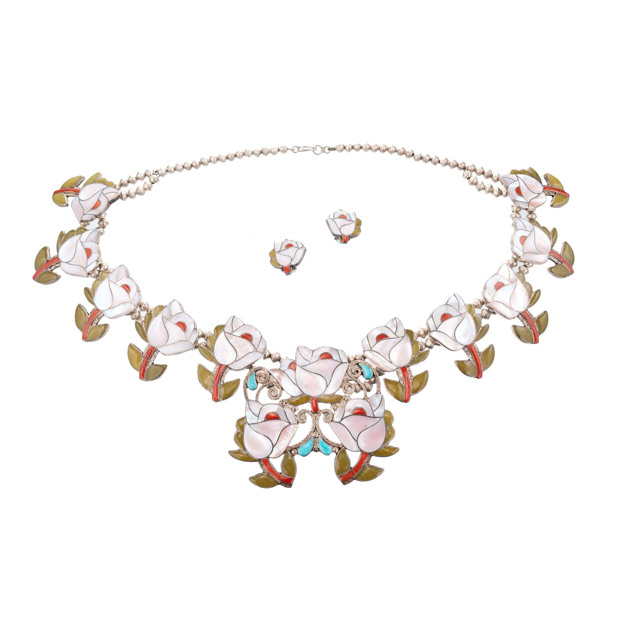 Porfilio Sheyka Zuni Squash Blossom Necklace Earrings For Sale
