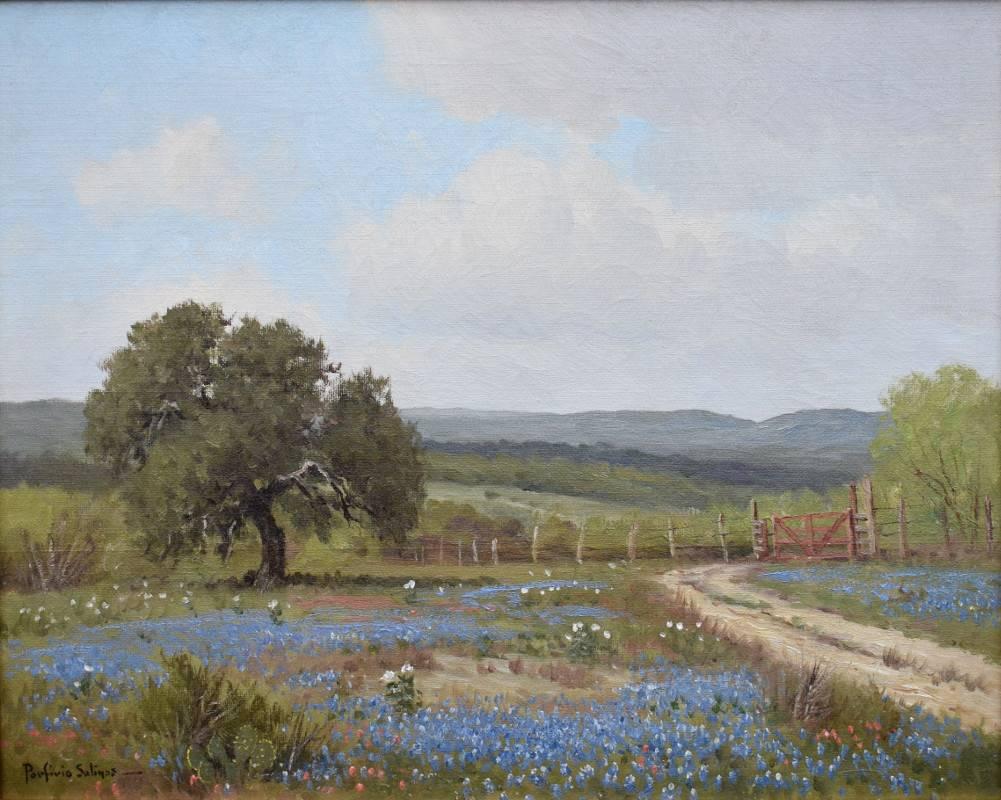 Porfirio Salinas Landscape Painting - “ BLUEBONNETS”  RED GATE RANCH IN TEXAS HILL COUNTRY