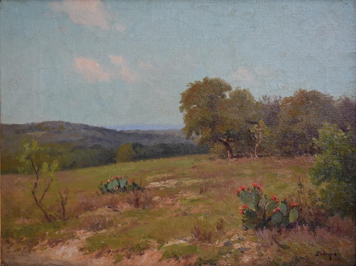 Porfirio Salinas Landscape Painting - " Hill Country Blooms "  SPRING COLORS  blooming Prickly Pear Cacut Texas Hills