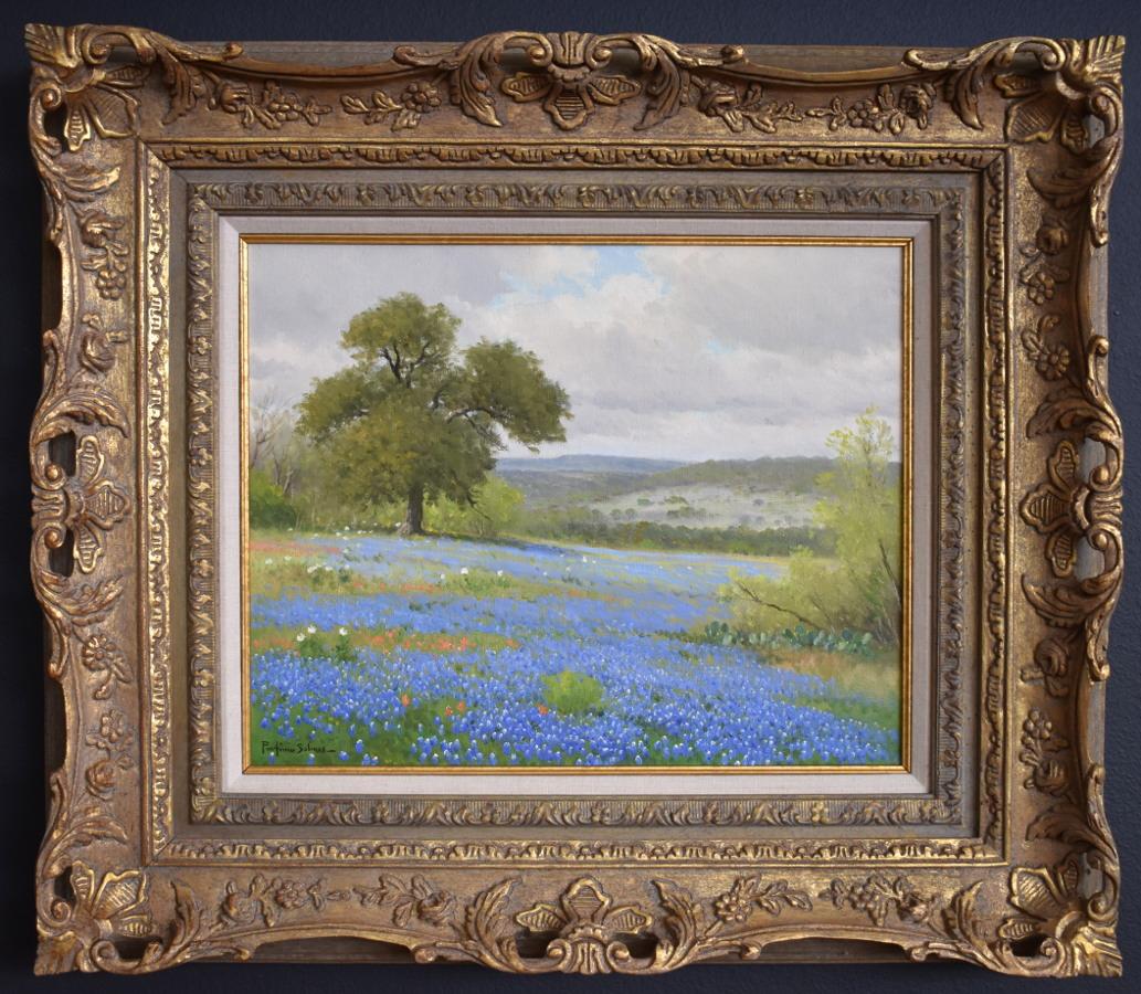 Porfirio Salinas Landscape Painting - " TEXAS HILL COUNTRY BLUEBONNETS AND PAINT BRUSH "  SPRING COLORS 