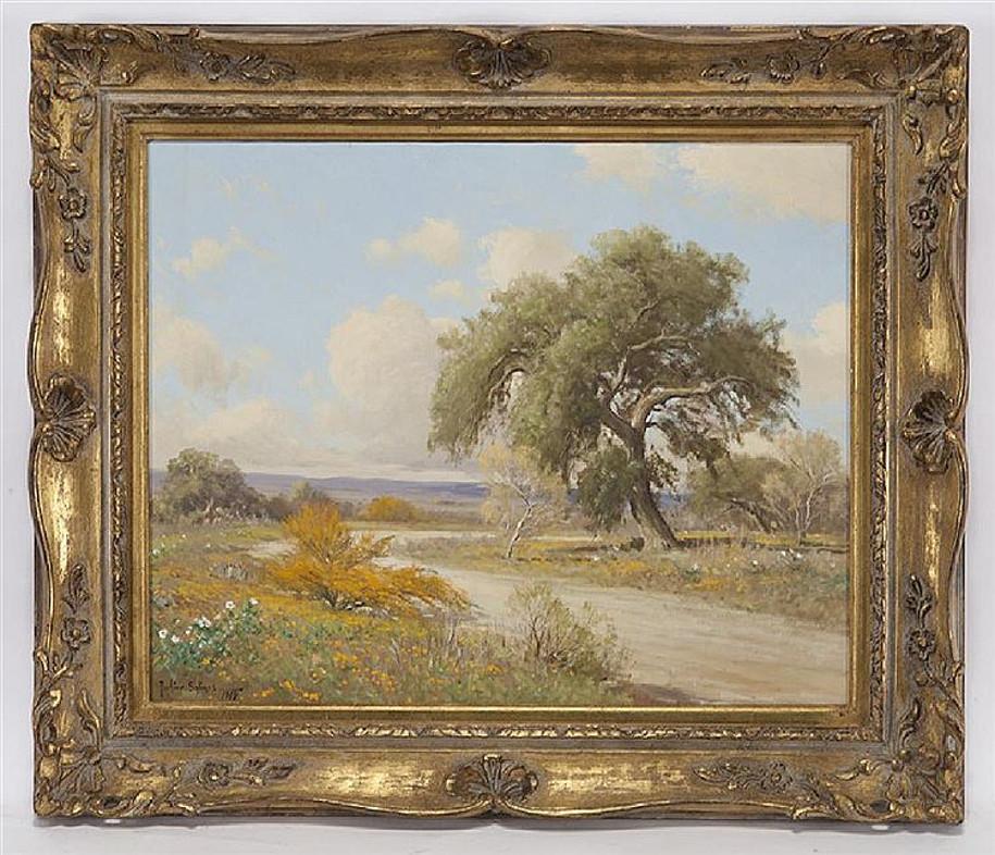 Porfirio Salinas Landscape Painting - " The Huisache Trail "  Texas Hill Country Scene
