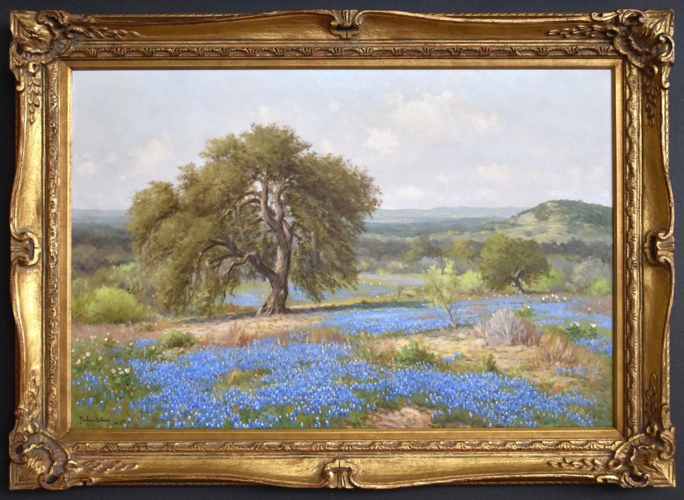 Landscape Painting de Porfirio Salinas - "BIG OAK BLUES" TEXAS HILL COUNTRY BLUEBONNETS 24 X 36 1957