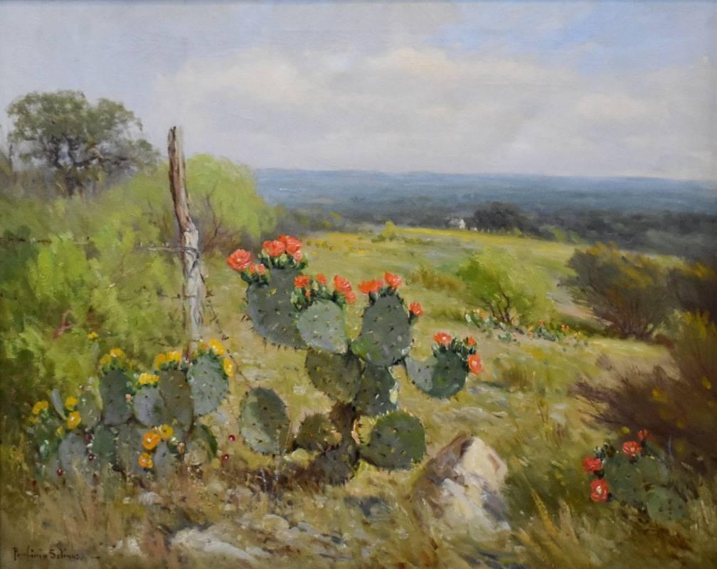 Porfirio Salinas Landscape Painting - "Blooming Prickly Pear Cactus" San Antonio Texas Artist Texas Hill Country