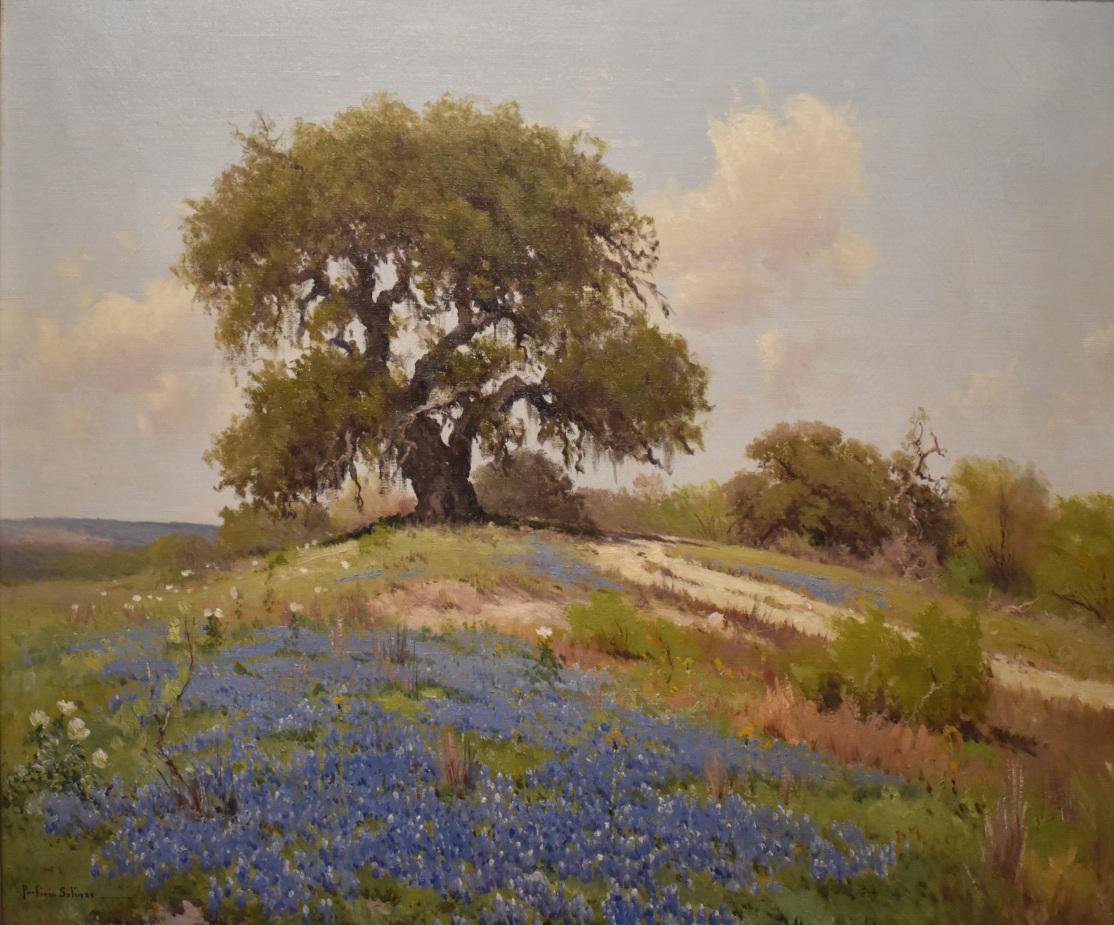 « Bluebonnet Time Hill Country Frame Taille : 35 x 41 Bluebonnets, peupliers, arbre de chêne - Impressionnisme Painting par Porfirio Salinas