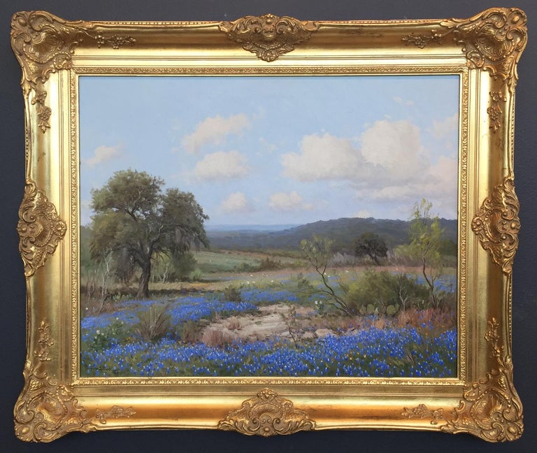 Porfirio Salinas Landscape Painting - "Bluebonnets In The Hill Country"  Texas Hill Country Scene 