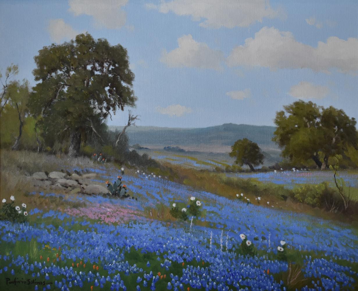 "Bluebonnets & Paintbrush" Texas Hill Country Image: 16x20 Frame: 24 x 28 - Painting by Porfirio Salinas