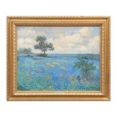 Early Texas Impressionist Country Landscape Painting of Bluebonnet Flowers