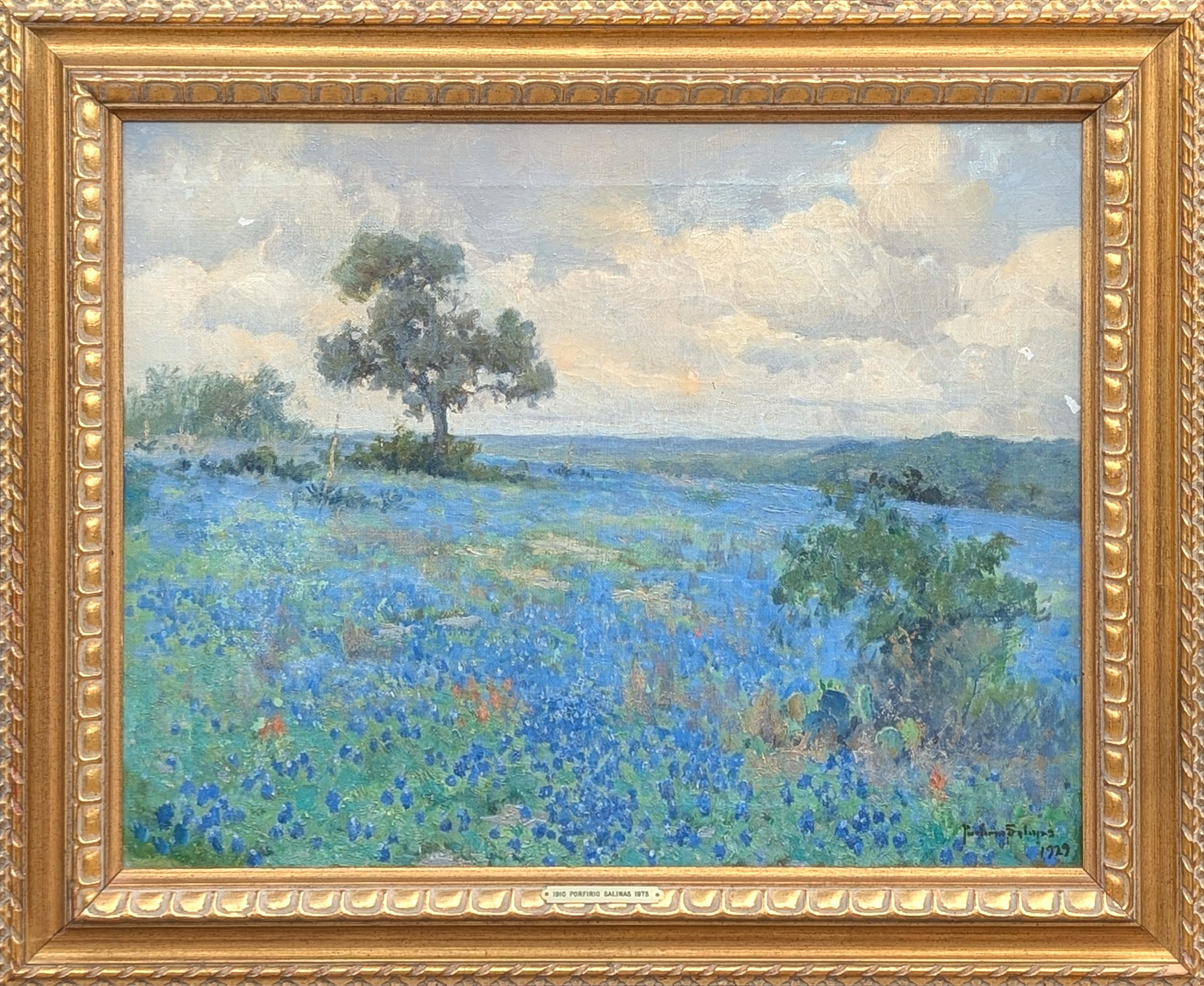 Early Texas Impressionist Country Landscape Painting of Bluebonnet Flowers