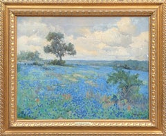 Early Texas Impressionist Country Landscape Painting of Bluebonnet Flowers