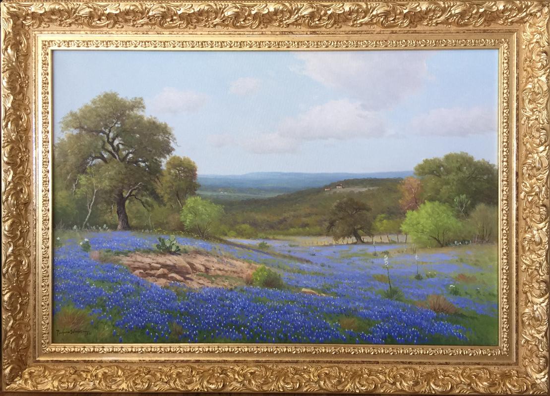 Porfirio Salinas Landscape Painting - "Hill Country Bluebonnets"  Texas Ranch Bluebonnet The State Flower of Texas
