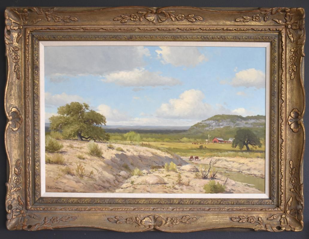 Porfirio Salinas Landscape Painting - "Hill Country Ranch"  Hereford Cattle Ranch Texas Windmill Ranch House Barn