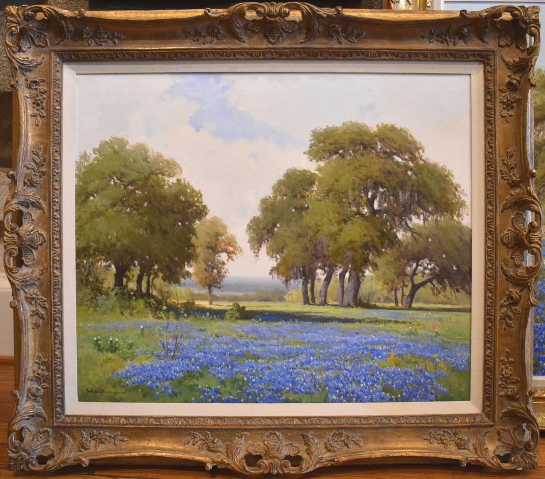 Landscape Painting di Porfirio Salinas - "Blues dei giorni pigri"  BLUEBONNETS DEL TEXAS,  UN BEL PAESAGGIO DI GRANDI DIMENSIONI DEL 1950 CIRCA