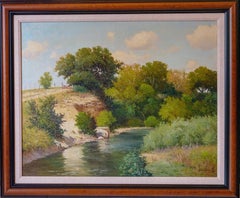 "Paisaje pastoral con río" Pintura al óleo tejana vintage Naturaleza exuberante y verde