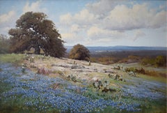 Retro "PRICKLY PEAR IN BLUE" TEXAS HILL COUNTRY  BLUEBONNETS CACTUS 34 x 46 FRAMED