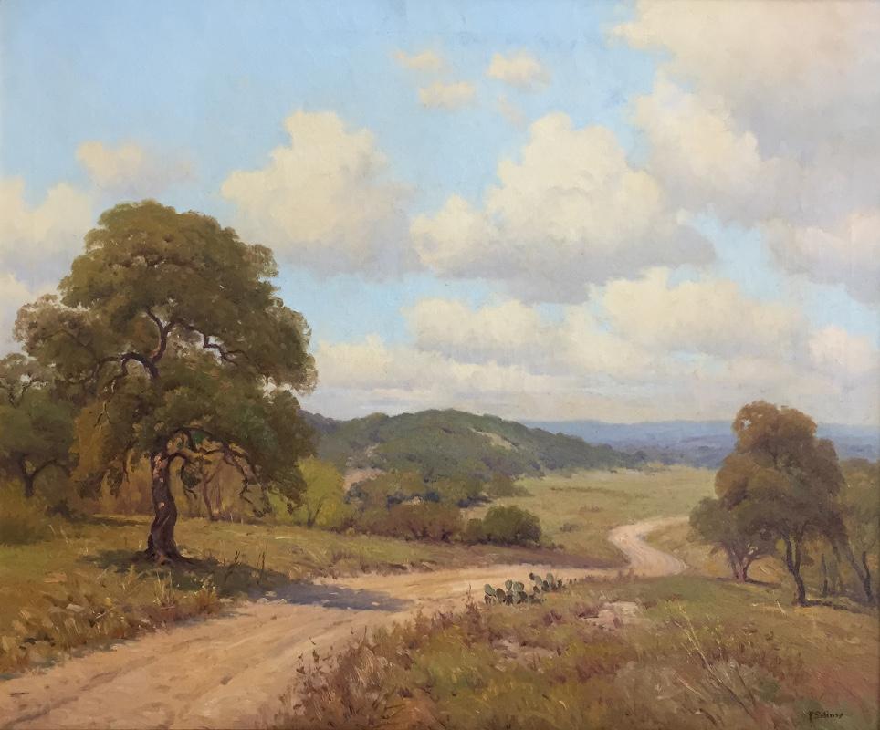 Porfirio Salinas Animal Painting - "Ranch Road"  Texas Hill Country Scene 