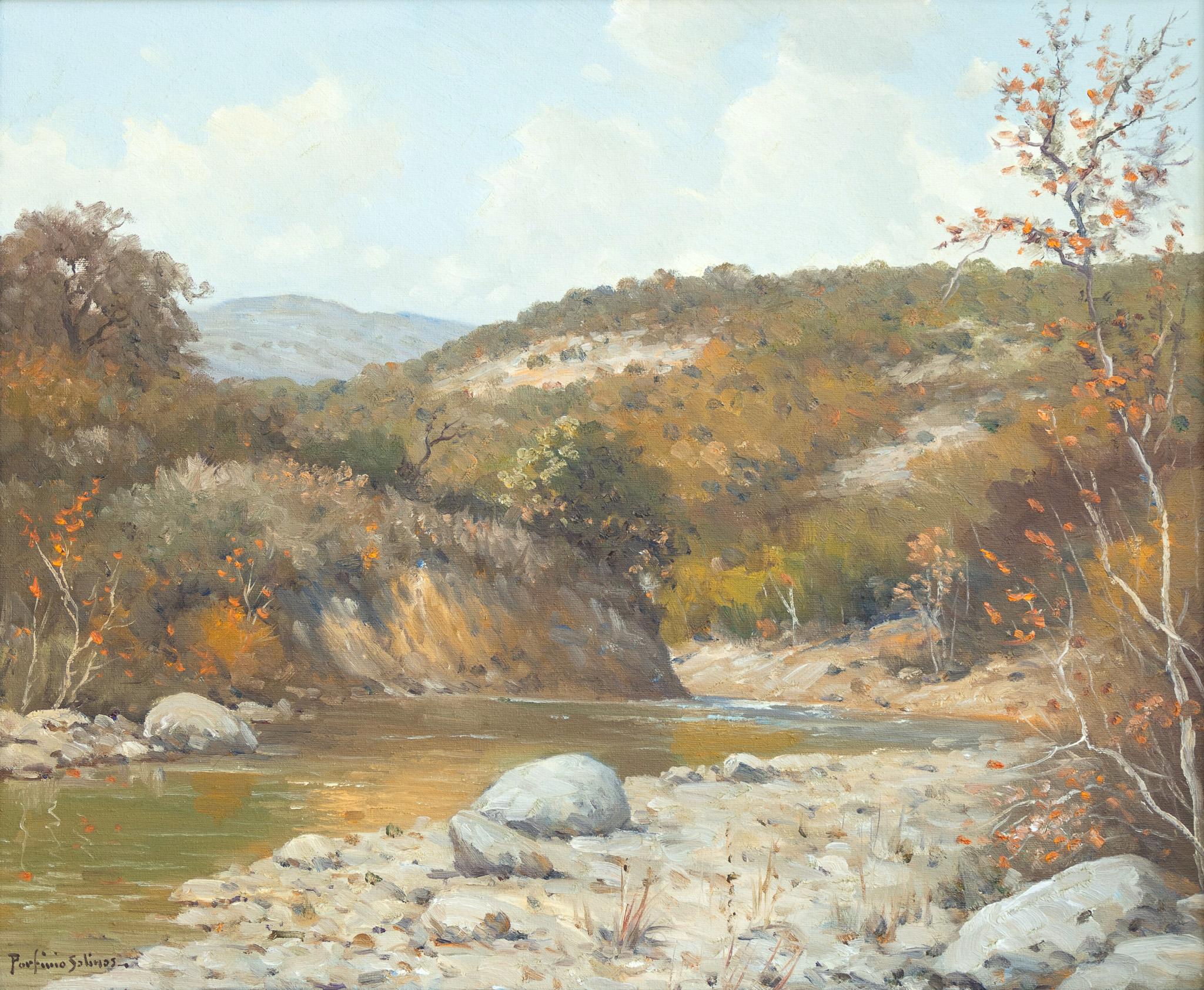 Porfirio Salinas Landscape Painting - "River Landscape" Fall Texas Hill Country Landscape