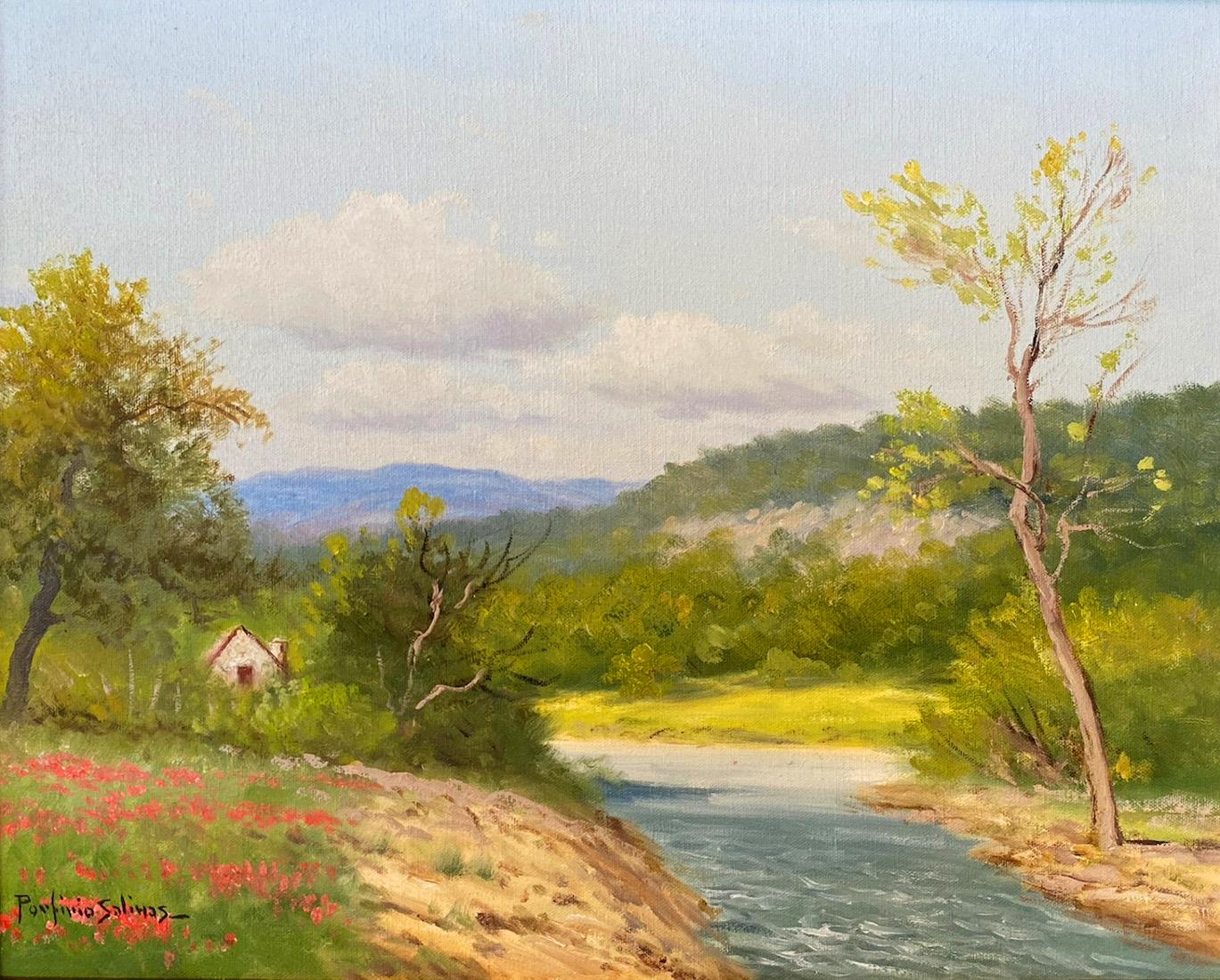 Porfirio Salinas Landscape Painting - "SPRING CREEK PHLOX" IMAGE SIZE: 16 X 20 TEXAS HILL COUNTRY LANDSCAPE