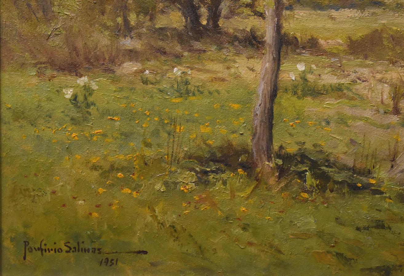 « SPRING CREEK » TEXAS HILL COUNTRY TOILE 25 X 30 DATÉE 1951 PORFIRIO SALINAS - Impressionnisme Painting par Porfirio Salinas