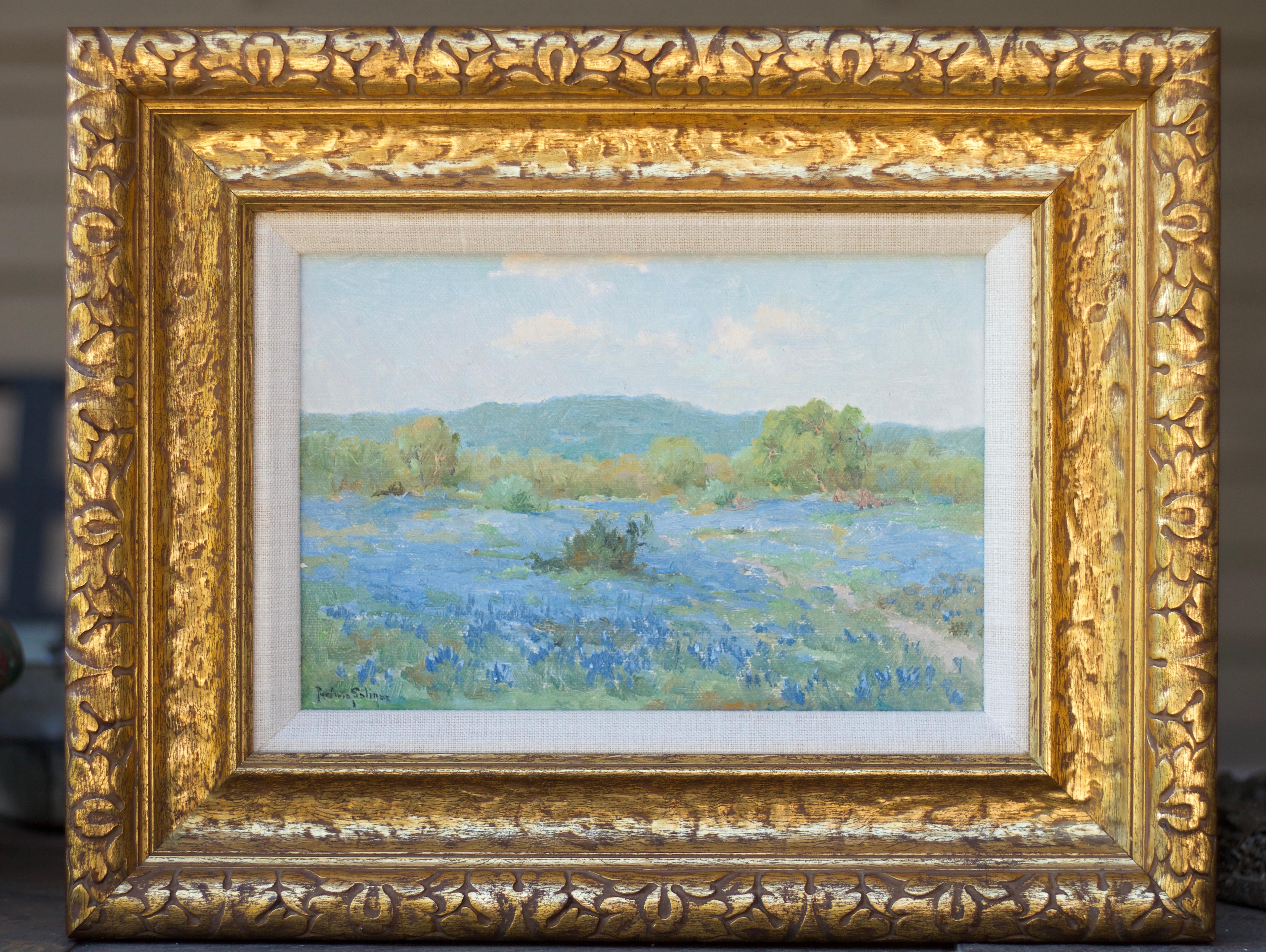 Spring Pastoral Landscape w/ Bluebonnets - Painting by Porfirio Salinas