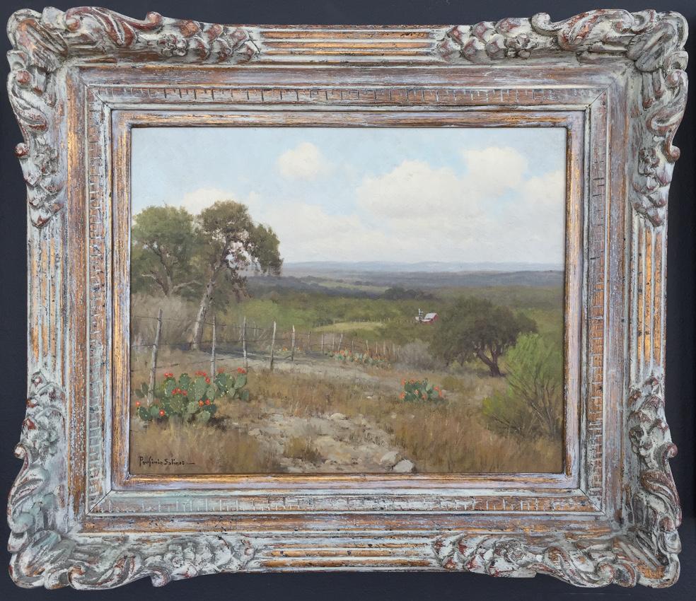“The Red Barn”  TEXAS HILL COUNTRY PRICKLY PEAR CACTUS OLD FENCE LINE NICE!!!!!! - Painting by Porfirio Salinas