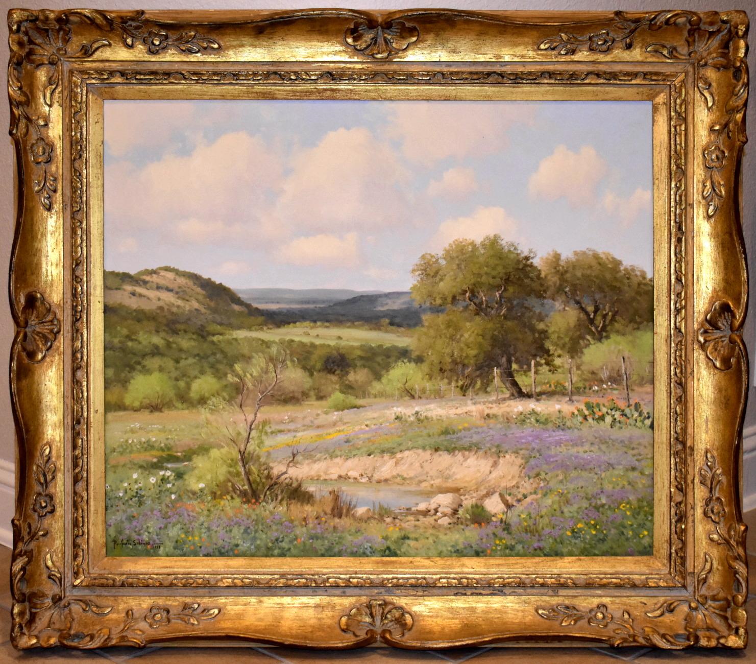 Porfirio Salinas Landscape Painting - "VERBENA FENCE LINE"  TEXAS HILL COUNTRY WILDFLOWER PAINTING