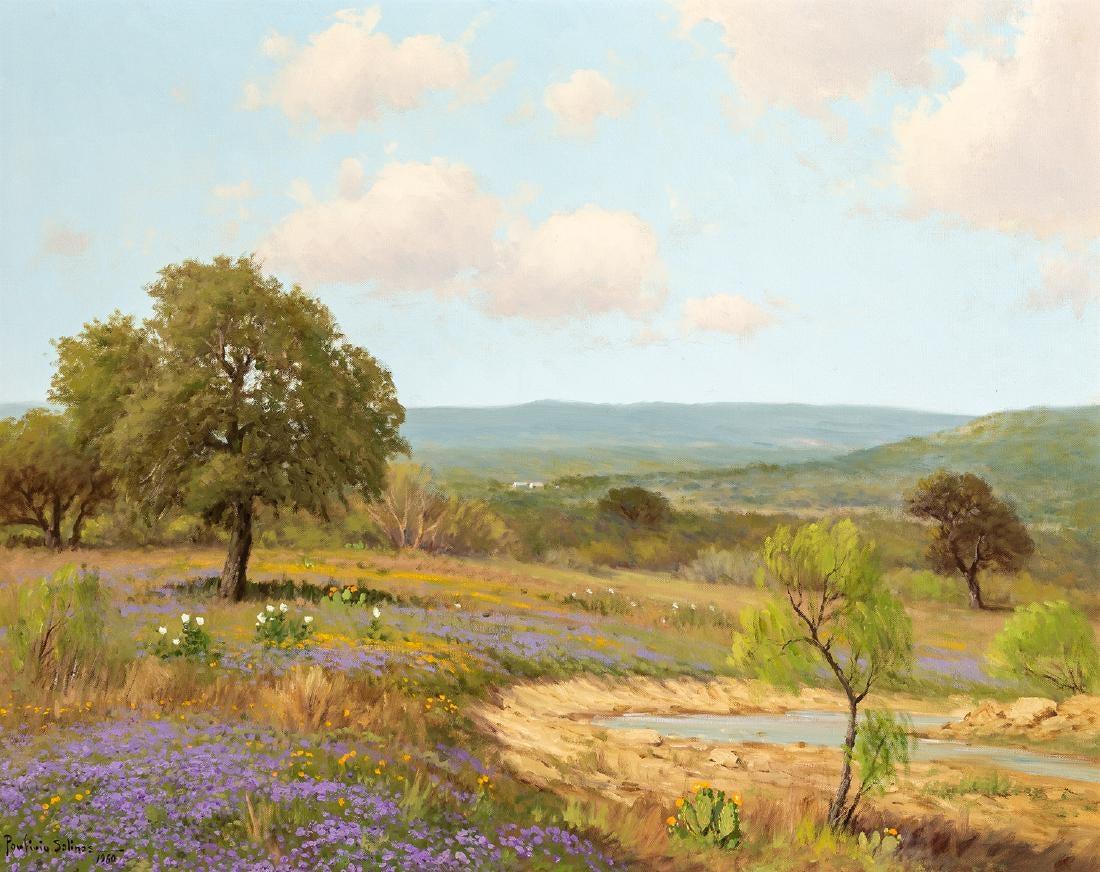 Porfirio Salinas Landscape Painting - "Verbena Ranch"  Texas Verbena Wildflowers in the Hill Country