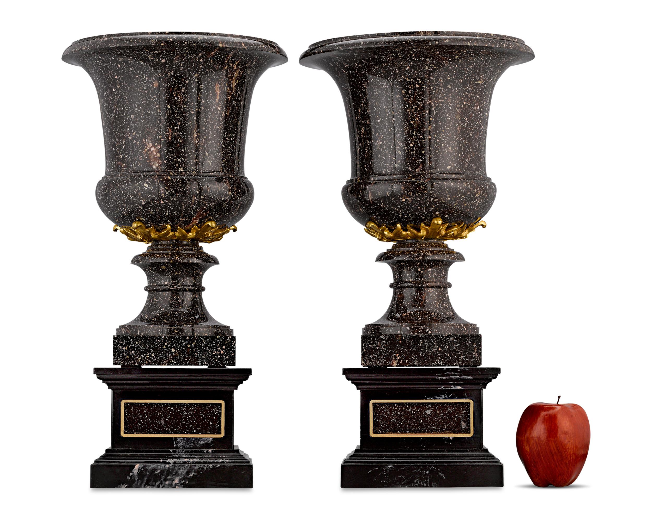 Porphyry and Gilt Bronze Campana Vases In Excellent Condition For Sale In New Orleans, LA