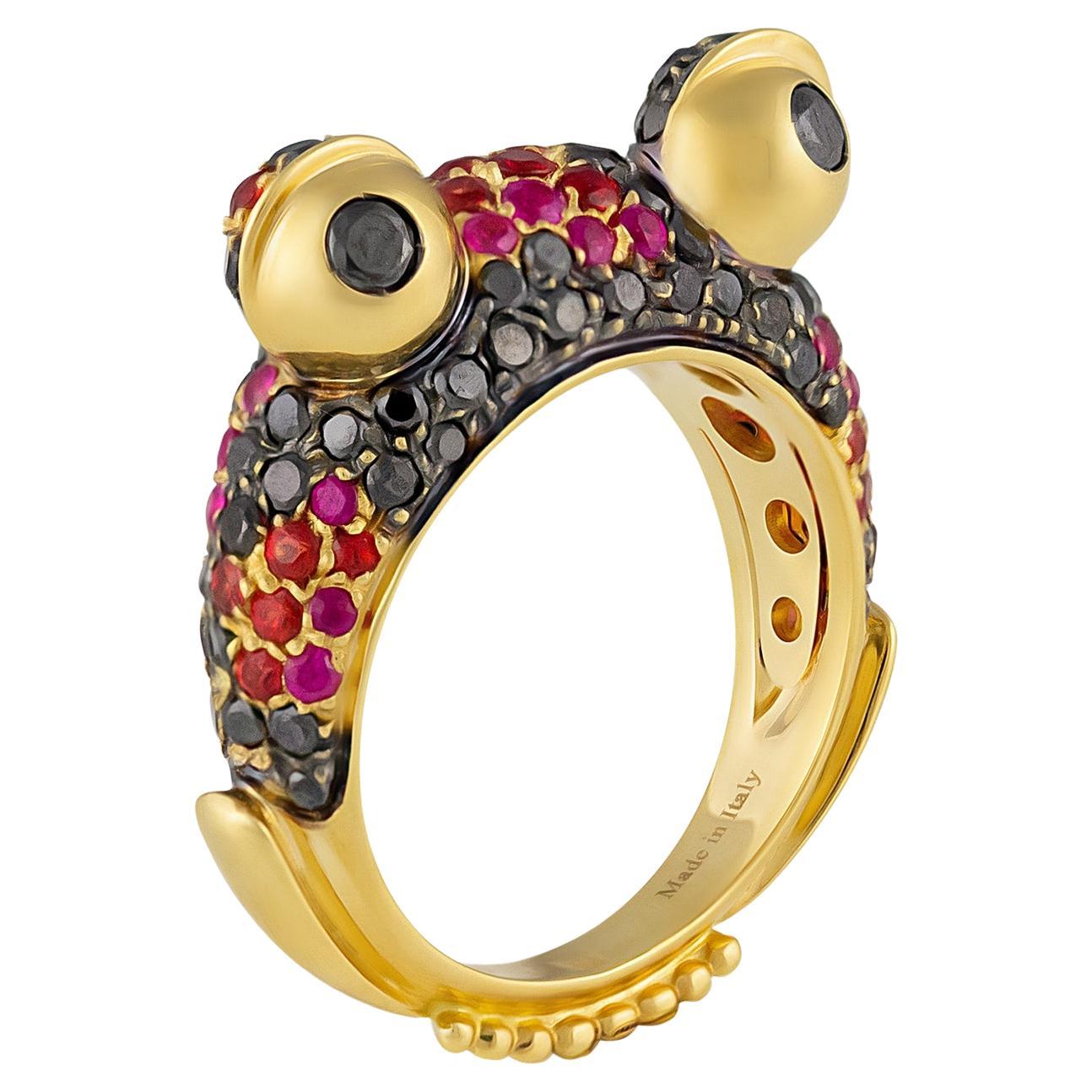 Porrati Ring aus 18 Karat Gelbgold mit Diamanten, Saphiren und Rubinen