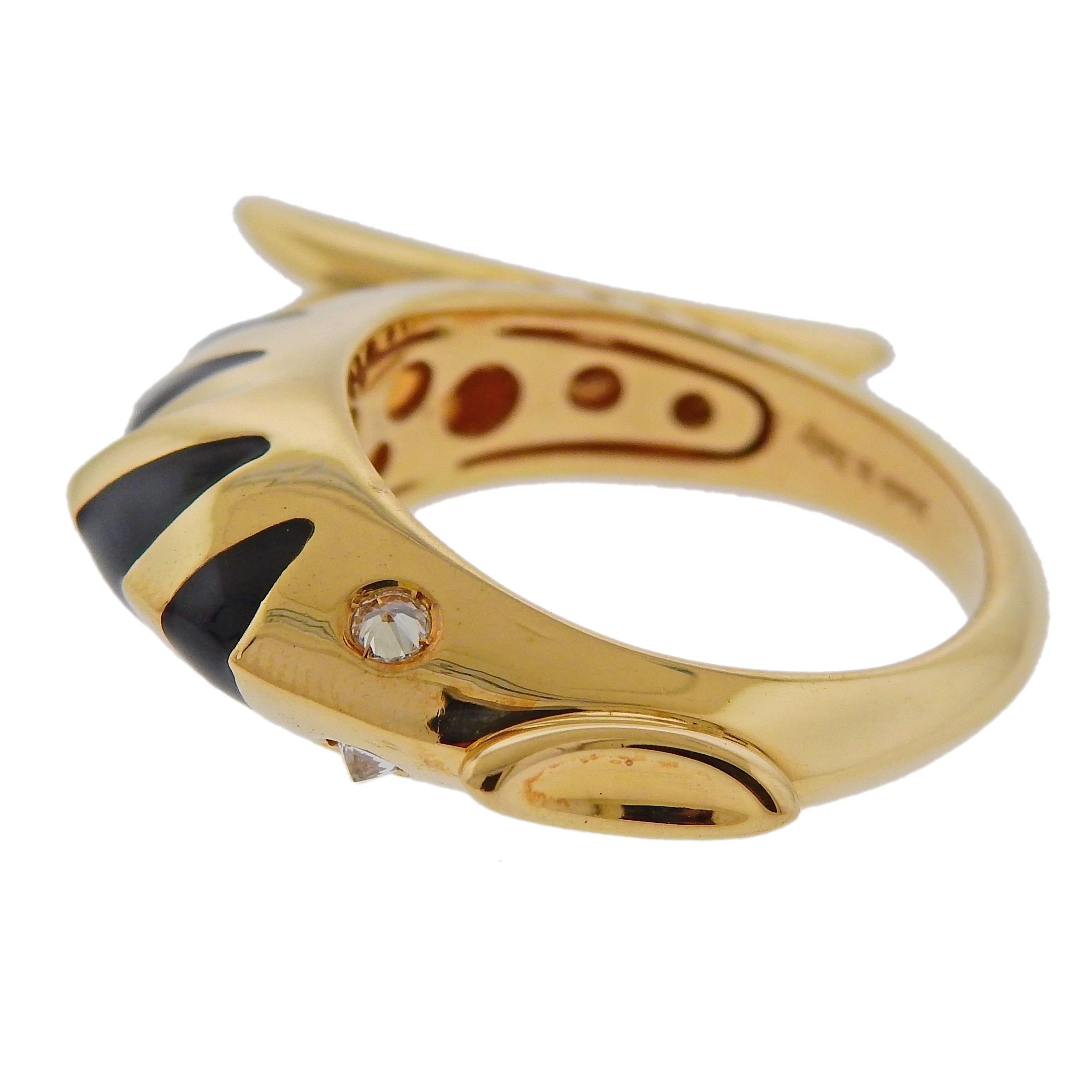 Unique 18k gold fish ring by Roberta Porrati, decorated with enamel and approx. 0.08ctw in G/VS diamonds. Ring size - 7.5, widest point 7.6mm. Weighs 10.5 grams. marked: Porrati, made in Italy, 750, Italian mark. 