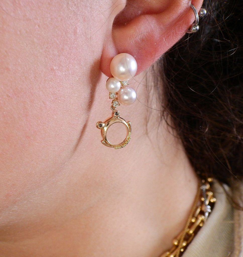 Women's or Men's Porrati Diamond Pearl Gold Frog Drop Earrings