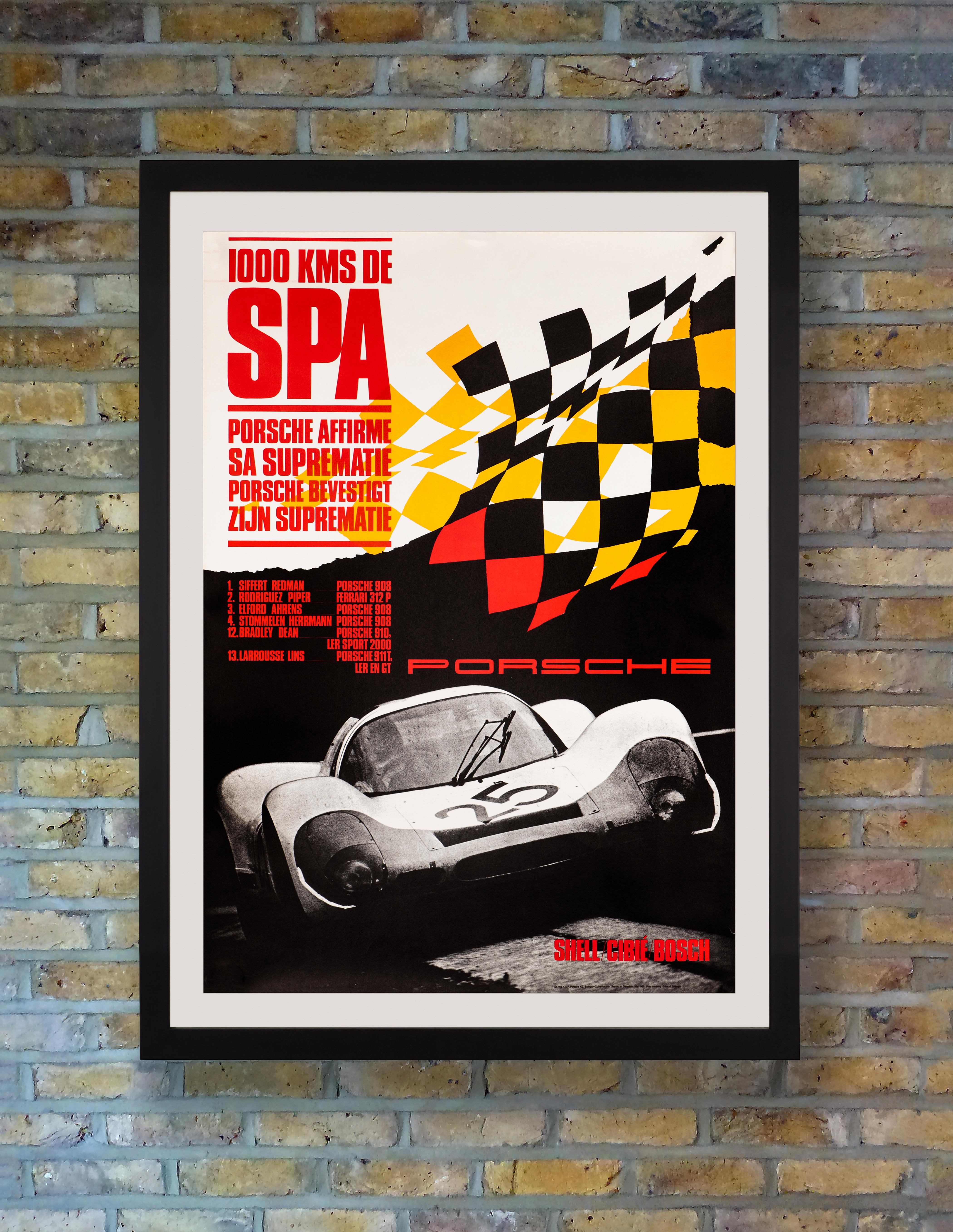 An original vintage Porsche motorsport victory poster published in French and Dutch to celebrate the victory of its racing car team led by Jo Siffert and Brian Redman in a Porsche 908 at the 1000 Kilometers of Spa endurance race at Circuit de