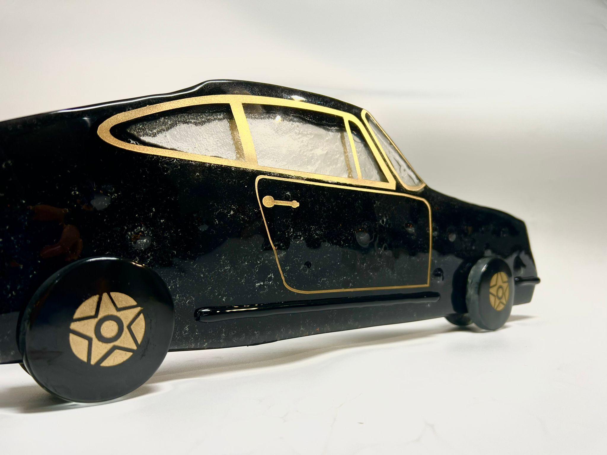 Modern Porsche 911 car sculpture hand made of Murano fusing glass in black For Sale